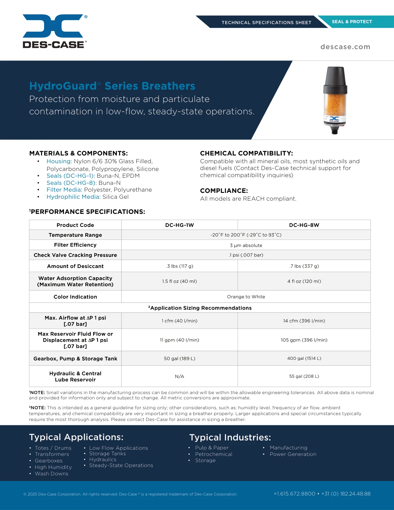 Des-Case HydroGuard Series Breather Orange Silica DC-HG-1W DC-HG-8W