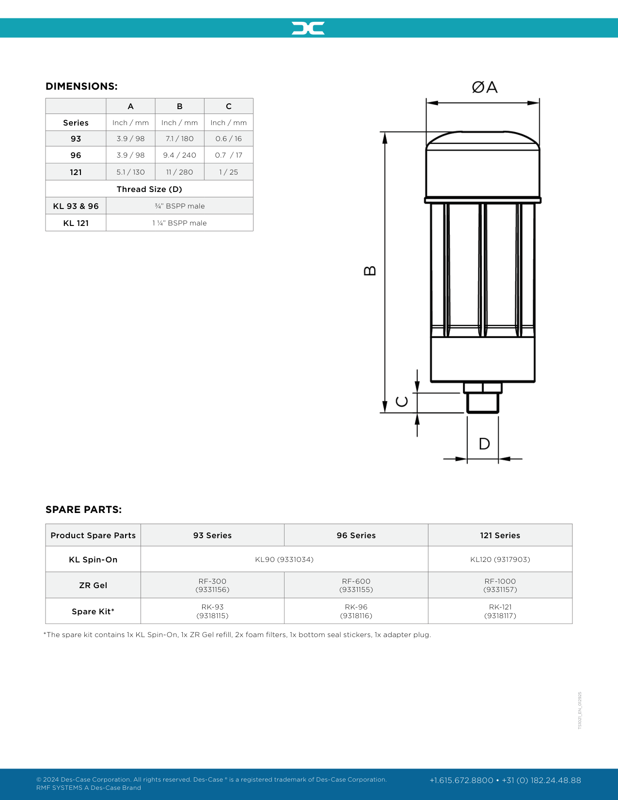 Des-Case KL Series steel standpipe breather dimensions diagram