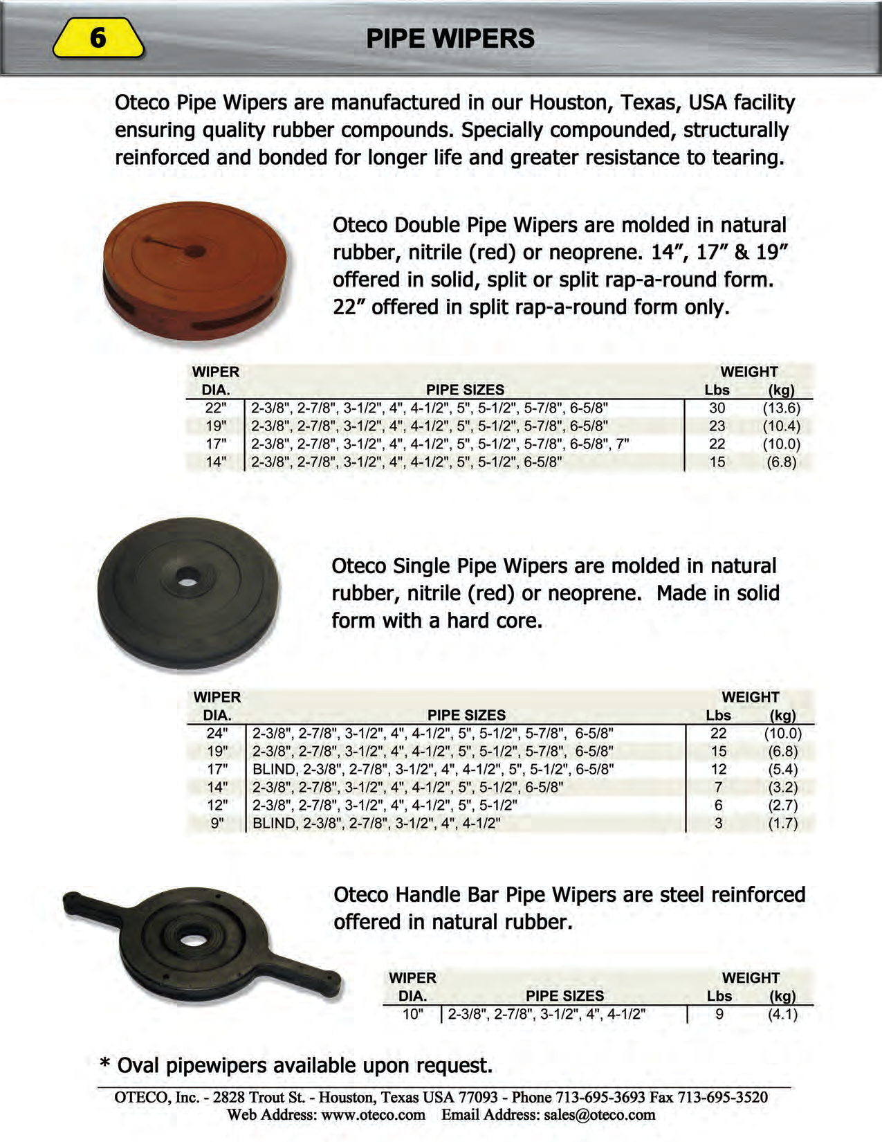 Oteco Pipe Wipers Double Single Handle Bar Specifications