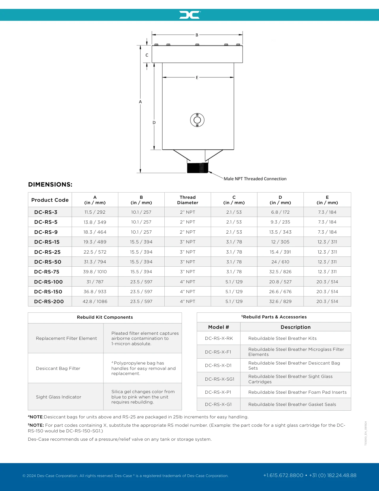 Des-Case Rebuildable Steel Breather DC-RS series dimensions diagram