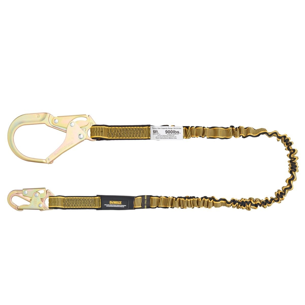 DEWALT DXFP612110 6 ft. (1.8 m) Single Leg Lanyard Internal Energy Absorbing with Steel Snap Hook on D-Ring End and Steel Rebar Hook on Anchor End.