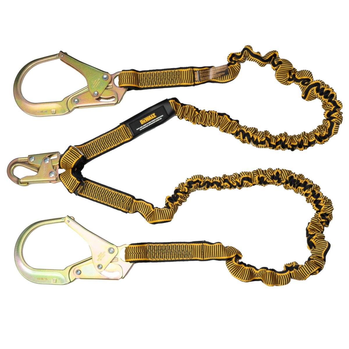 DEWALT DXFP613130 6 ft. (1.8 m) Twin Leg Lanyard Internal Energy Absorber, 4 ft. to 6 ft. Stretch with Steel Snap hook on D-Ring End and Steel Rebar Hooks on Anchor End.