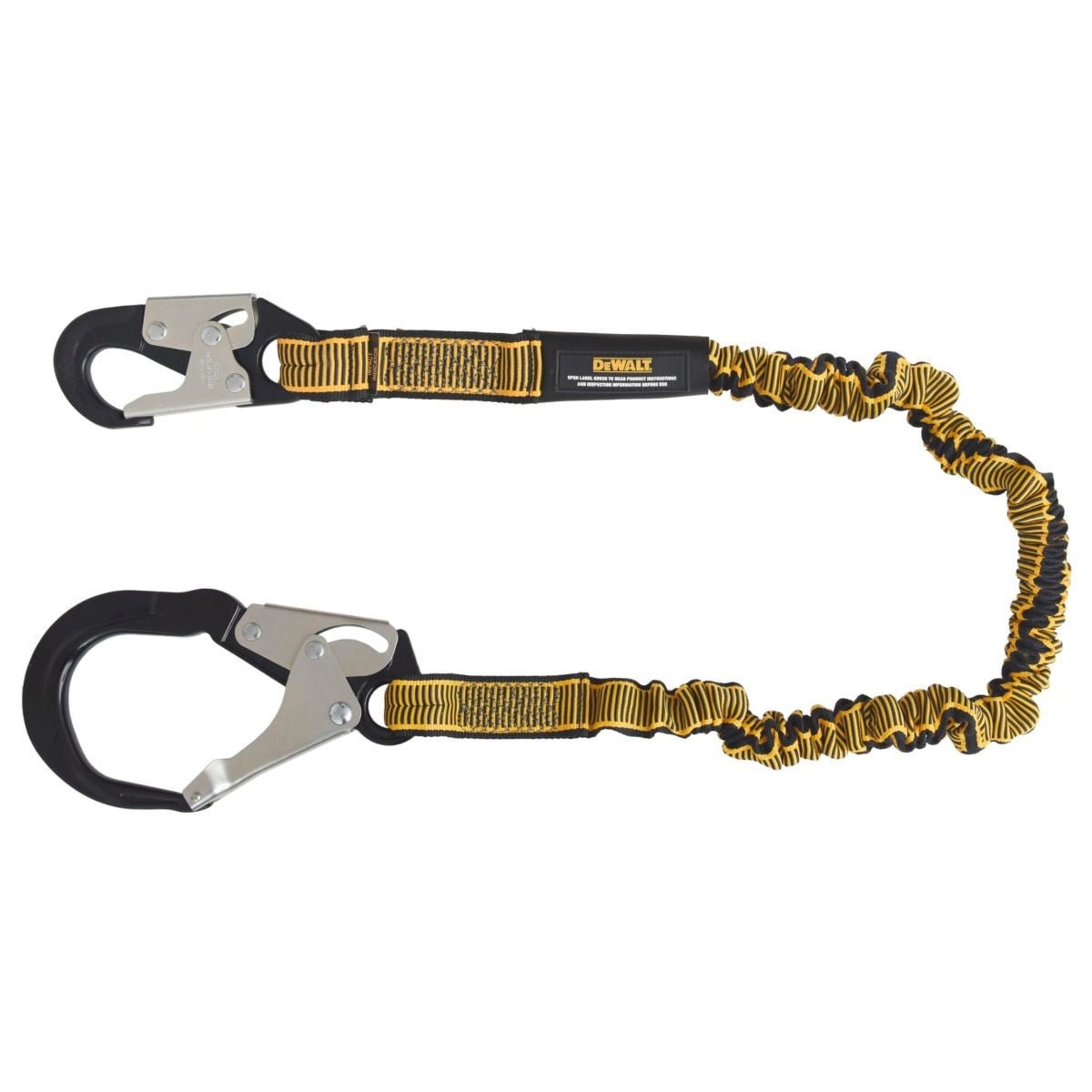 DEWALT DXFP613510 6 ft. (1.8 m) Single Leg Lanyard Internal Energy Absorber, 4 ft. to 6 ft. Stretch with Steel Snap hook on D-Ring End and Steel Rebar Hook on Anchor End.