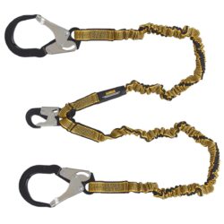 DEWALT DXFP613530 6 ft. (1.8 m) Twin Leg Lanyard Internal Energy Absorber, 4′ to 6′ Stretch with Steel Snap hook on D-Ring End and Steel Rebar Hooks on Anchor End.