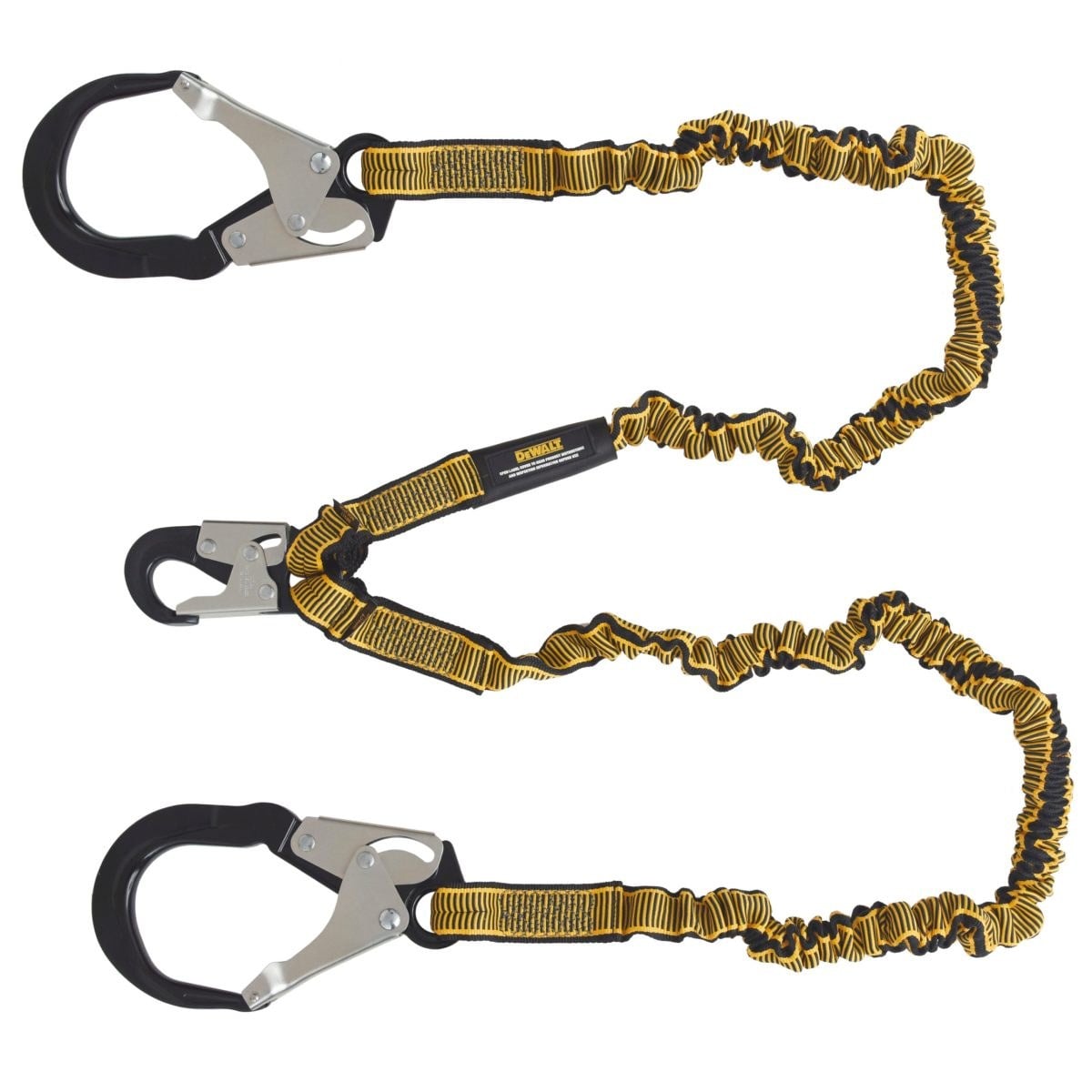 DEWALT DXFP613530 6 ft. (1.8 m) Twin Leg Lanyard Internal Energy Absorber, 4′ to 6′ Stretch with Steel Snap hook on D-Ring End and Steel Rebar Hooks on Anchor End.