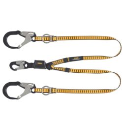DEWALT DXFP615530 6 ft.(1.8 m) Twin Leg Lanyard, External Energy Absorber, Tie-Back to D-Ring, Adjustable, Aluminum Steel Snap Hooks on D-Ring End, and Aluminum Rebar Hooks on Anchor End