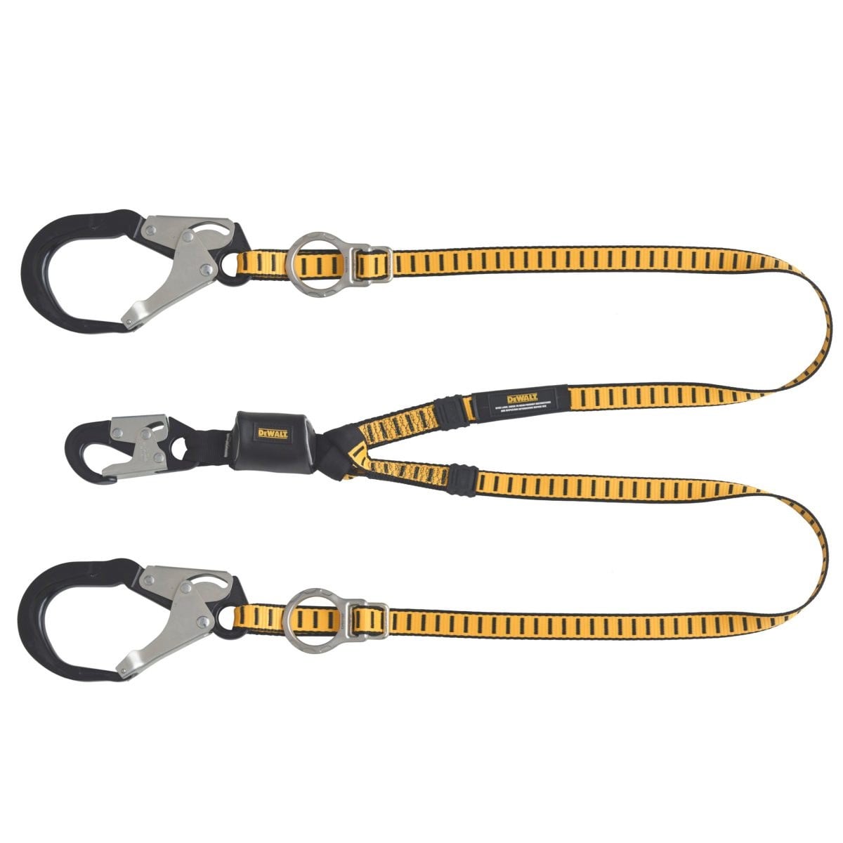 DEWALT DXFP615530 6 ft.(1.8 m) Twin Leg Lanyard, External Energy Absorber, Tie-Back to D-Ring, Adjustable, Aluminum Steel Snap Hooks on D-Ring End, and Aluminum Rebar Hooks on Anchor End